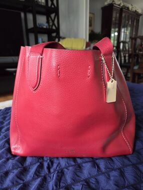 Coach Red Leather Derby Tote Bag with Coach Charm
